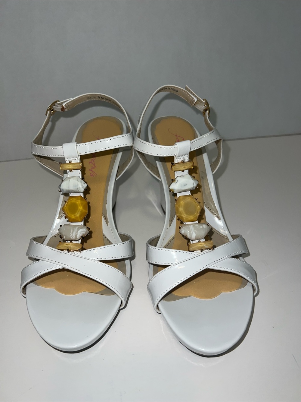 Naturalizer White T-Strap Sandals with Gold & Yellow Jewel Accents